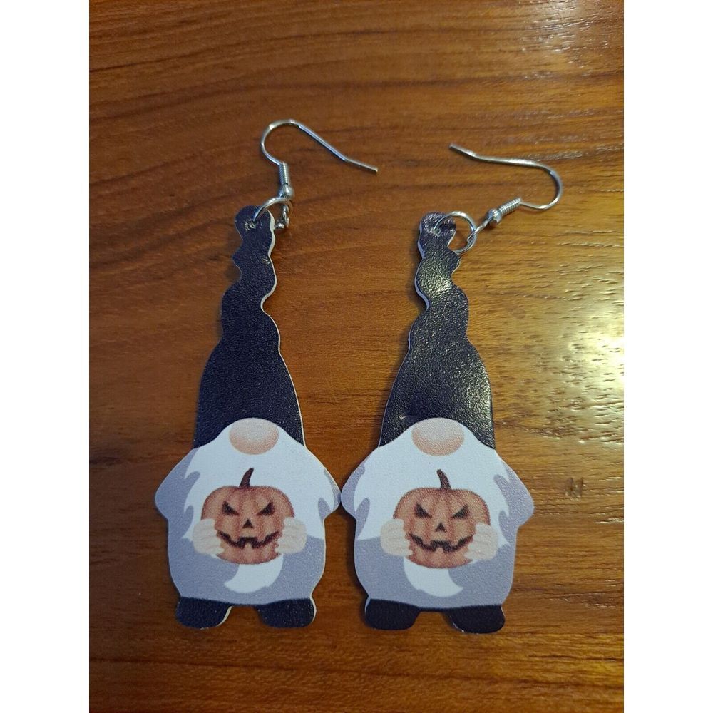 Halloween Faux Leather Gnome Teardrop Earrings New Not Worn Double-Sided Design‎